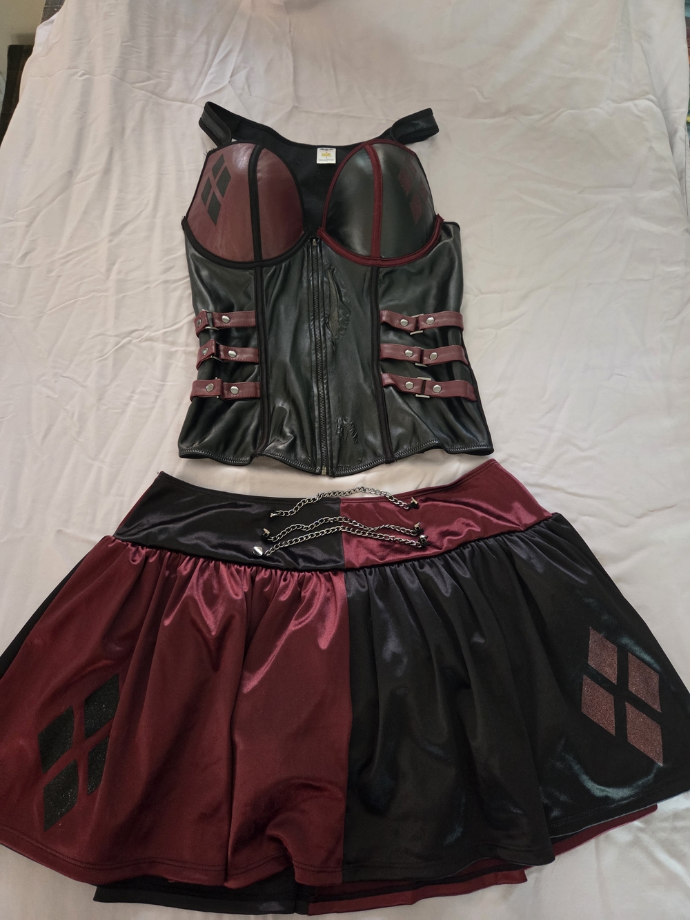 Harley Quinn Inspired Burgundy & Black Corset Top with Matching Skirt
